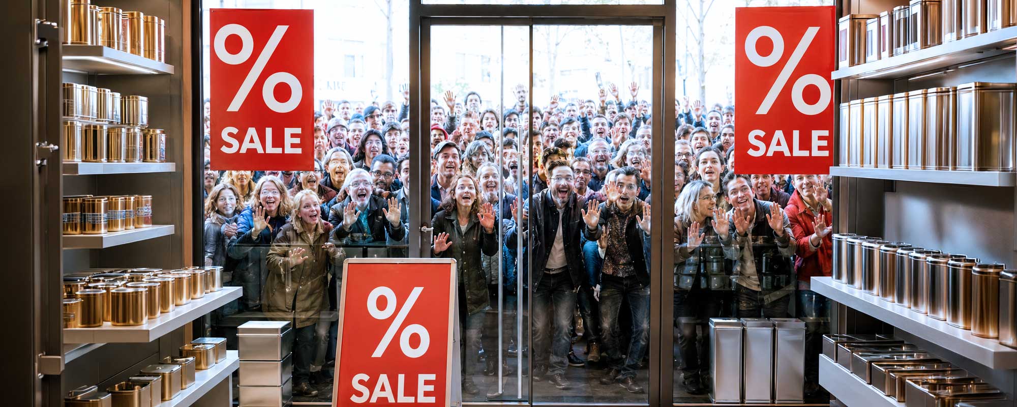Metalldosen in Reihen auf Verkaufsregalen präsentiert, goldfarbene Dosen im Laden mit SALE-Schildern im Hintergrund.