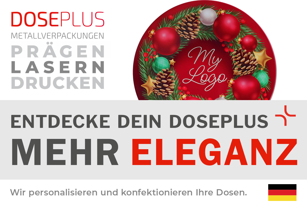 Doseplus WD 036 – runde Weihnachtsdose mit rotem Christkugel-Layout – Text: „Entdecke dein Doseplus – Mehr Eleganz“. Professionelle Verpackungsdose zur individuellen Veredelung im B2B-Bereich.