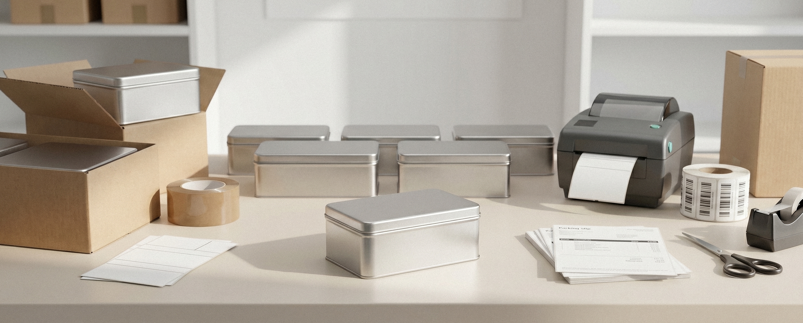Neutrale Lieferung mit silbernen Metalldosen, Versandkartons, Etikettendrucker und Verpackungsmaterialien; organisierter Arbeitsplatz für den Versandprozess.