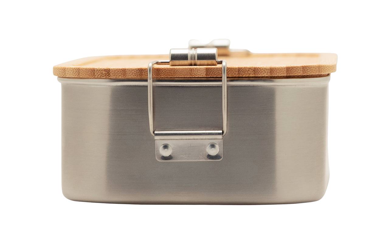 Frontansicht Edelstahl Lunchbox mit Bambusdeckel, beidseitige Scharniere für sicheren Halt
