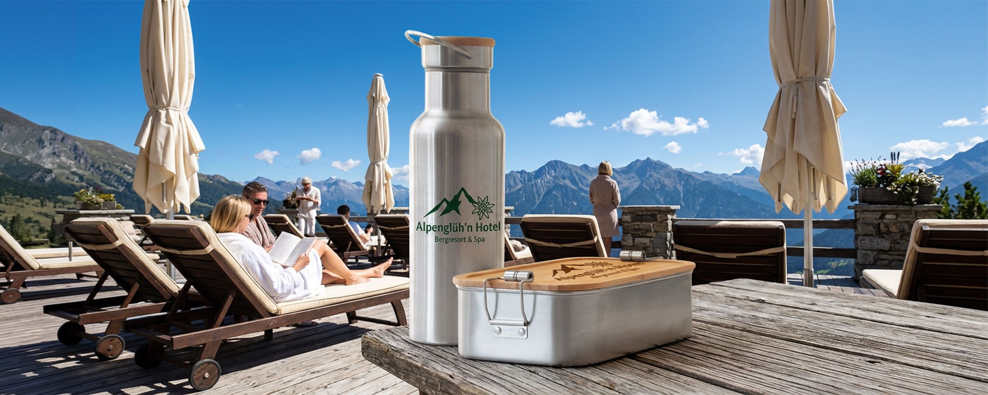 Edelstahl-Trinkflasche und Lunchbox mit Bambusdeckel und Logo „Alpenglüh'n Hotel Bergresort & Spa“ auf Holztisch vor alpiner Bergkulisse und Spa-Terrasse.