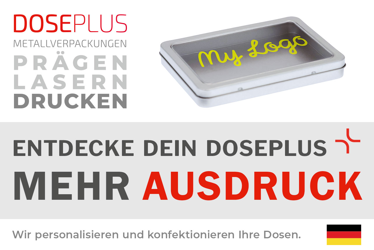 Doseplus DIN A6 Maxi View Metalldose mit Sichtfenster – Bannertext: Entdecke dein Doseplus, mehr Ausdruck. Edle rechteckige Dose mit klarem Deckel für individuelle Präsentation und Druckveredelung.