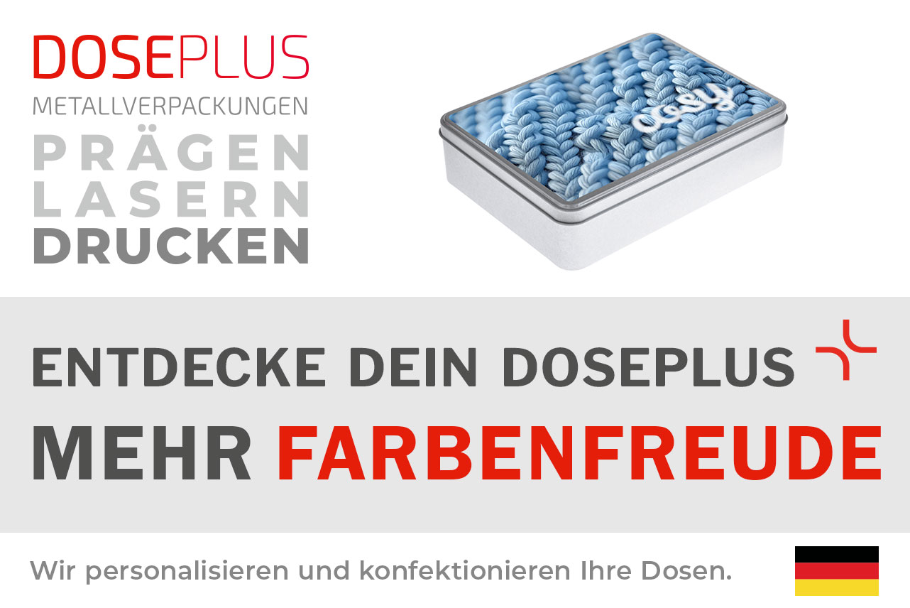 Doseplus eckige Blechdose – Bannertext: Entdecke dein Doseplus, mehr Farbenfreude. Hochwertige Metalldose mit farbenfrohem Druck, Gravur und Prägung für individuelle Designs.