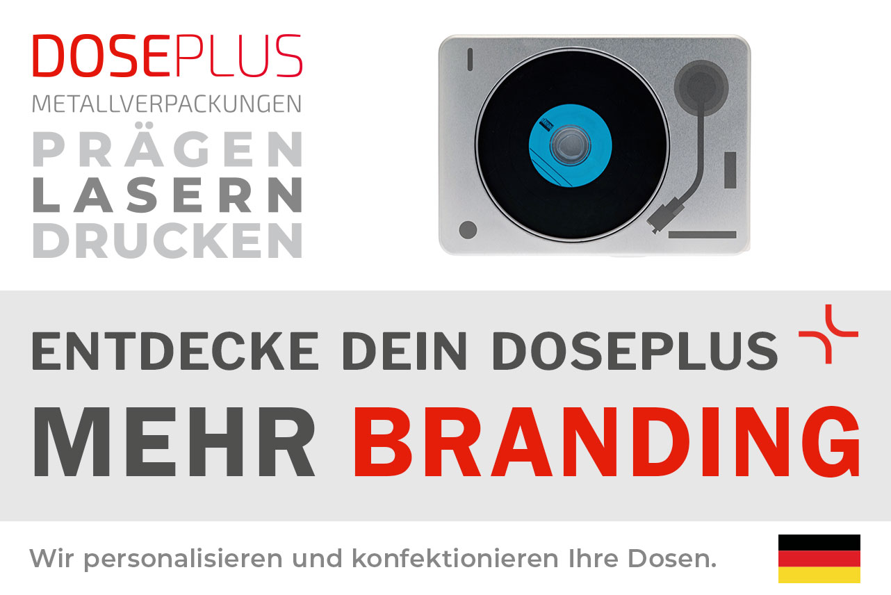 Doseplus DVD-Dose mit Sichtfenster – Bannertext: Entdecke dein Doseplus, mehr Branding. Hochwertige Metalldose für Medien, mit individueller Gravur oder Druck für professionelle Markenpräsentationen.