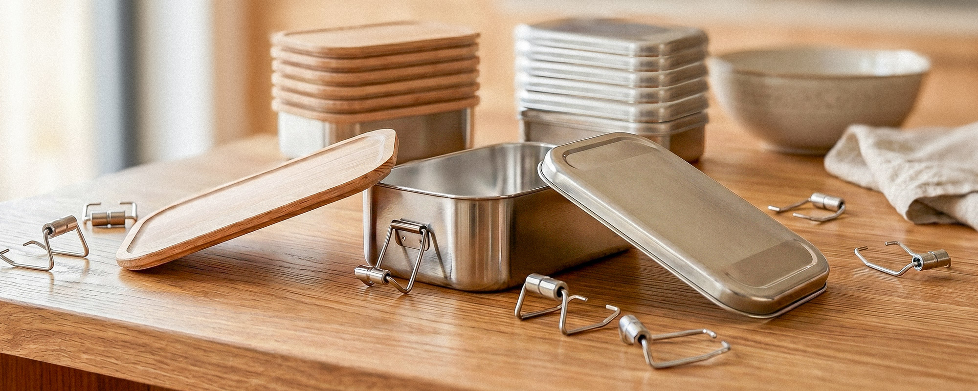 Verschiedene Deckel und Metallverschlüsse für Edelstahl-Lunchboxen auf Holzoberfläche präsentiert.