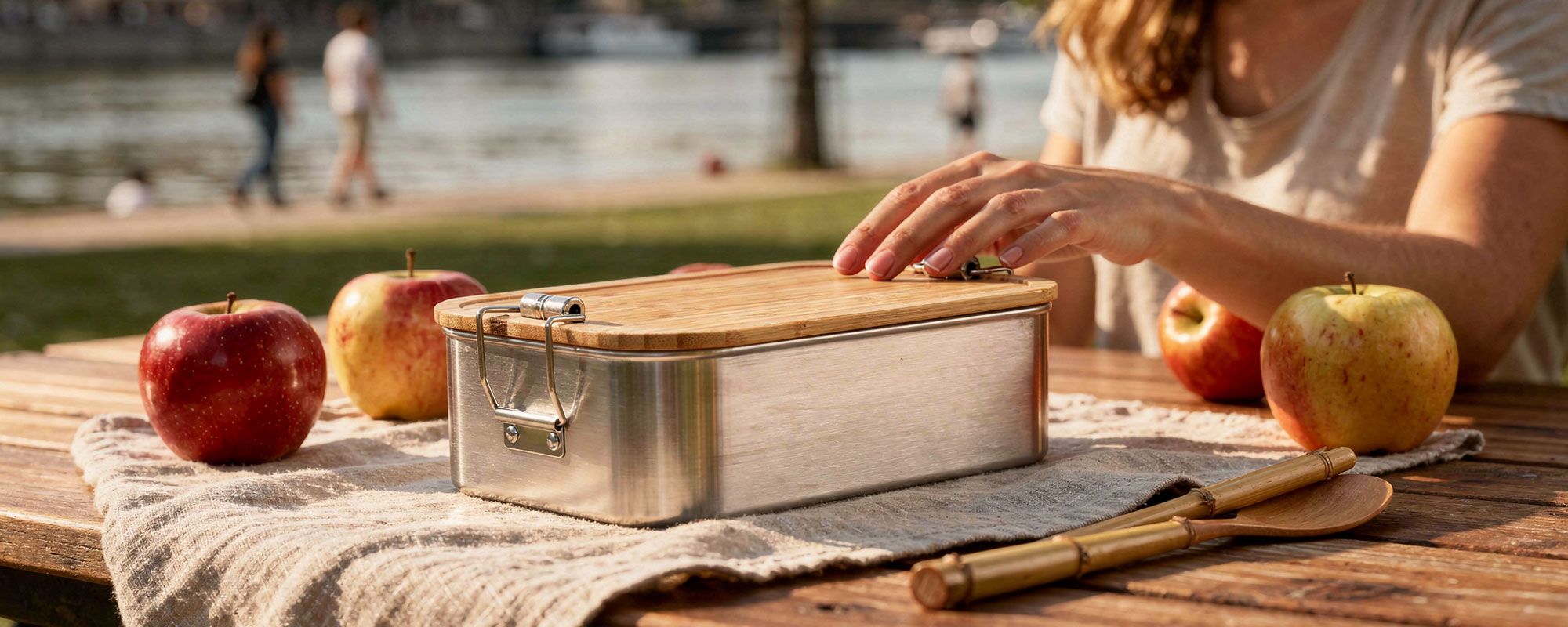 Edelstahl-Lunchbox mit Bambusdeckel auf Holztisch, umgeben von Äpfeln und Bambusbesteck, im Park am Wasser.