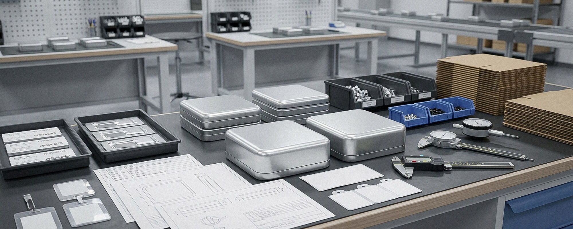 Metallboxen, Messwerkzeuge und technische Zeichnungen auf Werkbank in einer industriellen Fertigungsumgebung.
