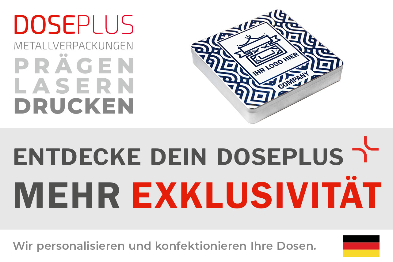 Doseplus quadratische Schokoladendose – Bannertext: Entdecke dein Doseplus, mehr Exklusivität. Hochwertige Metalldose mit Prägung, Gravur und Druck für edle Markenpräsentation.