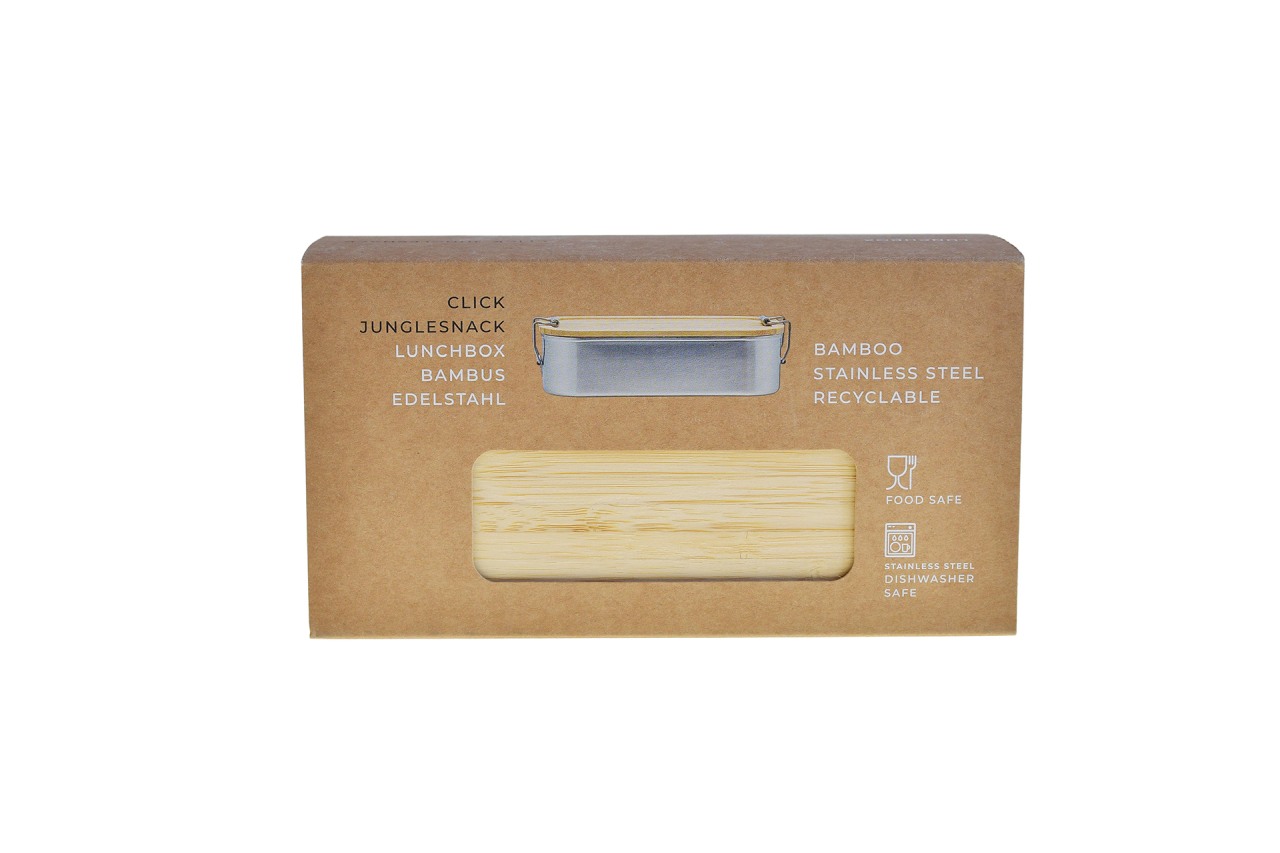 Verpackung der Lunchbox Edelstahl 700ml mit Bambusdeckel – ideal als Firmenpräsent & Werbegeschenk