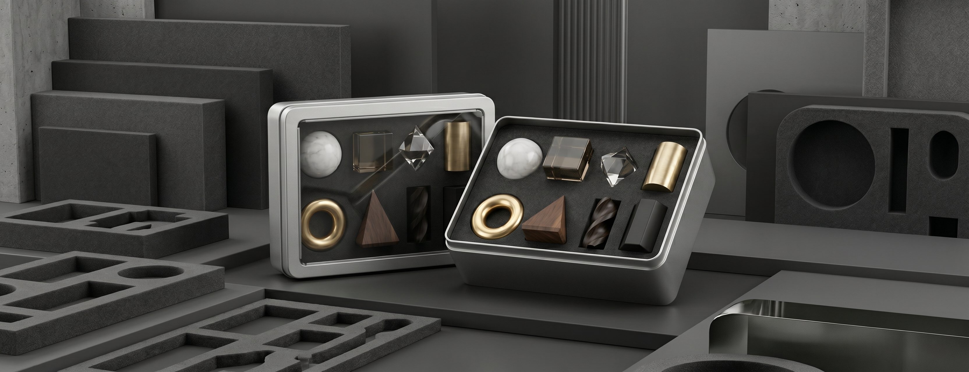 Zwei elegante Metalldosen mit Sichtfenster im Deckel und geometrischen Objekten im Inneren; minimalistische Produktaufnahme mit Schaumstoffeinlagen und edlen Materialien.