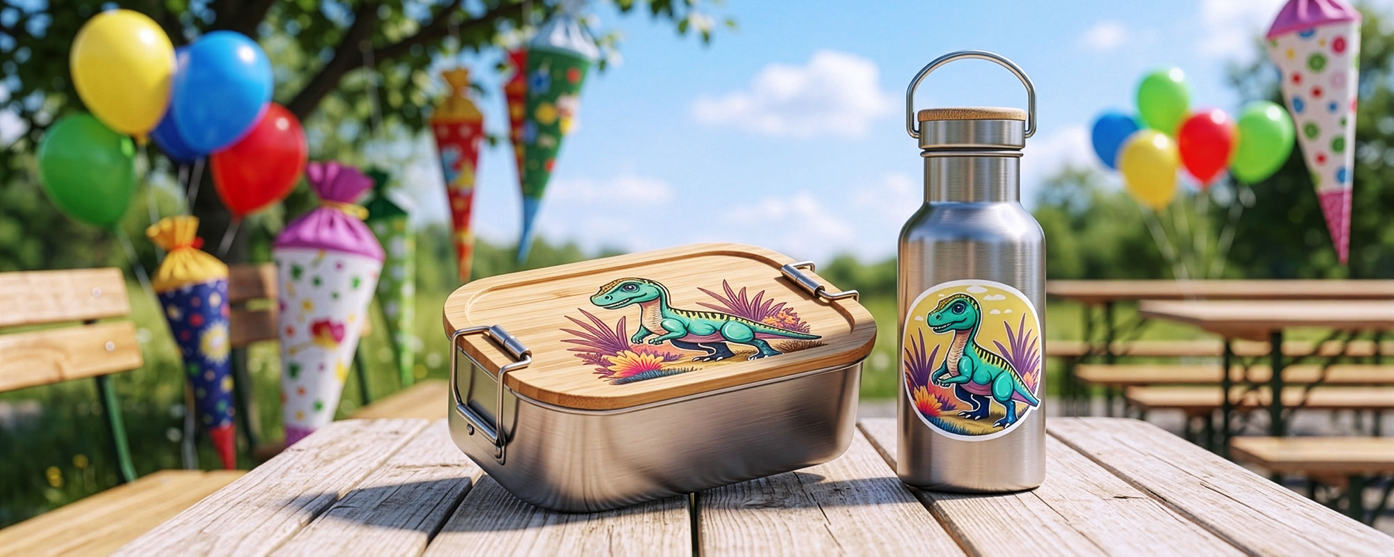 Sonderanfertigungen aus Edelstahl mit Lunchbox und Trinkflasche, personalisiert mit individuellem Dinosaurier-Design auf Bambusdeckel und Oberfläche.