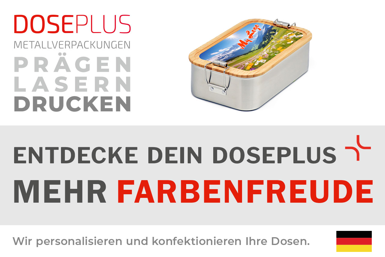 Edelstahl-Lunchbox CP SA 10 mit Bambusdeckel – Banner: Entdecke dein Doseplus – Mehr Farbenfreude. Langlebige SafeMax-Box mit buntem Design – optimal für Personalisierung & Bedruckung.