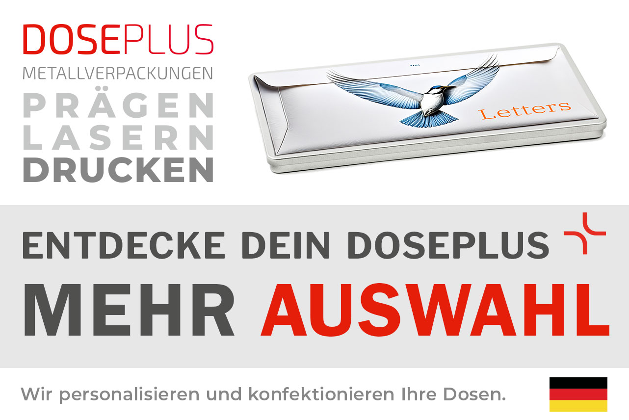 Doseplus flache rechteckige Metalldose im Format DIN lang mit Druck eines fliegenden Vogels und Schriftzug „Letters“. Text: „Metallverpackungen prägen, lasern, drucken – Entdecke dein Doseplus, mehr Auswahl“.