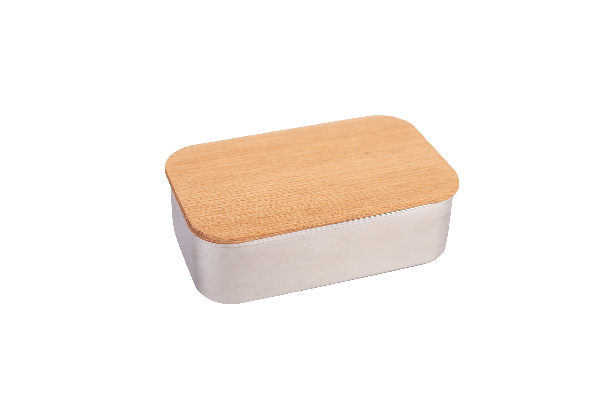 Geschlossene rechteckige Lunchbox aus Edelstahl mit passendem Buchenholzdeckel, auf weißem Hintergrund fotografiert.
