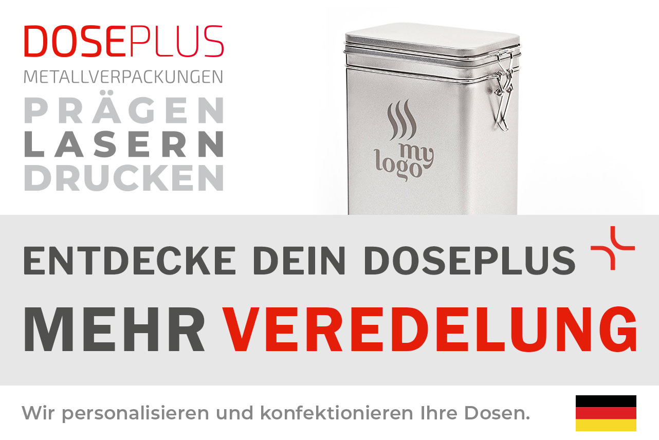 Metall-Kaffeedose DSA 021 für 500g Kaffee – Banner: Entdecke dein Doseplus – Mehr Veredelung. Robuste Verpackung zur hochwertigen Individualisierung und B2B-Veredelung.