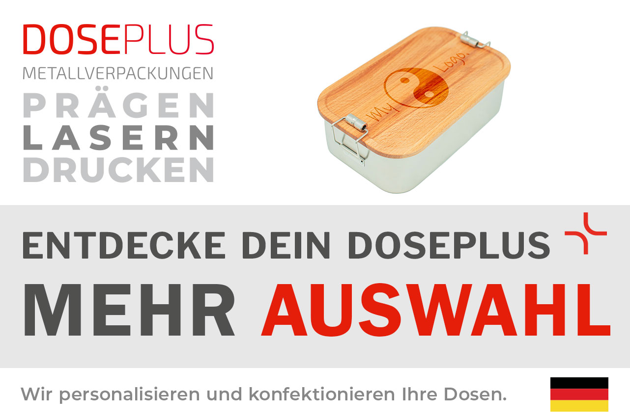 Rechteckige Lunchbox CP BU C4 aus Edelstahl mit Bambusdeckel – Banner: Entdecke dein Doseplus – Mehr Auswahl. Perfekt für Branding, Logos und personalisierte Veredelung.