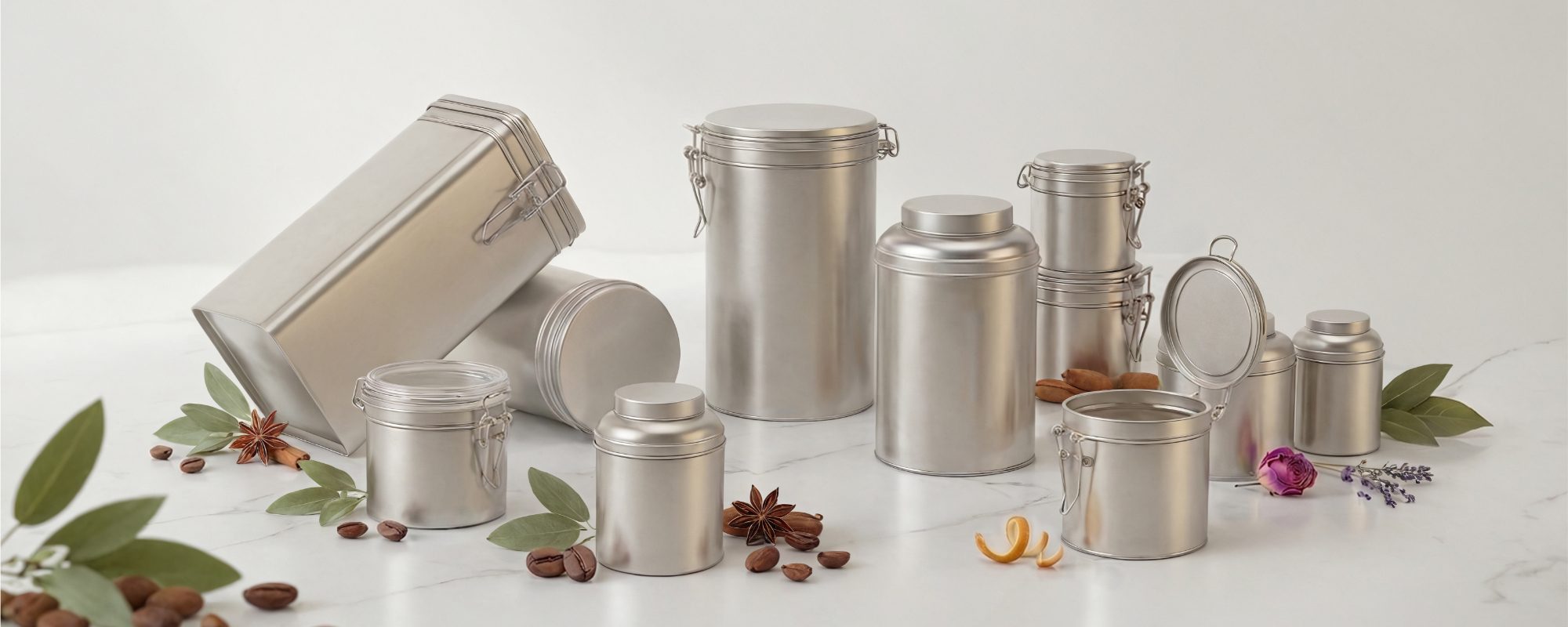 Sammlung silberner Metall-Dosen mit Verschlüssen und Glasdeckeln auf weißer Oberfläche; elegante Produktaufnahme mit Kaffee, Gewürzen und getrockneten Pflanzen dekoriert.