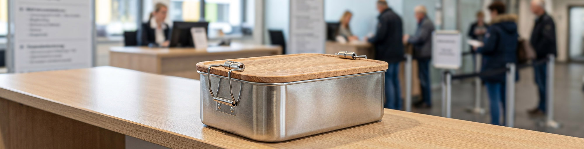 Edelstahl-Lunchbox mit Holzdeckel auf Holztresen in einem öffentlichen Innenraum mit unscharfen wartenden Personen im Hintergrund.