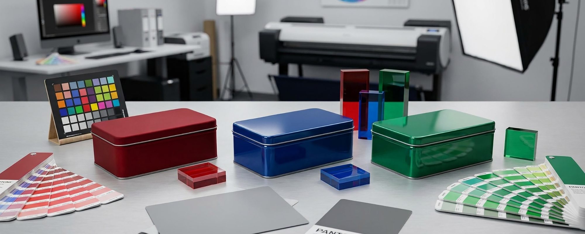 Drei rechteckige Metalldosen in Rot, Blau und Grün in einem Designstudio; daneben Farbfächer, Acrylblöcke und Pantone-Swatches für Farbprüfung und Druck.