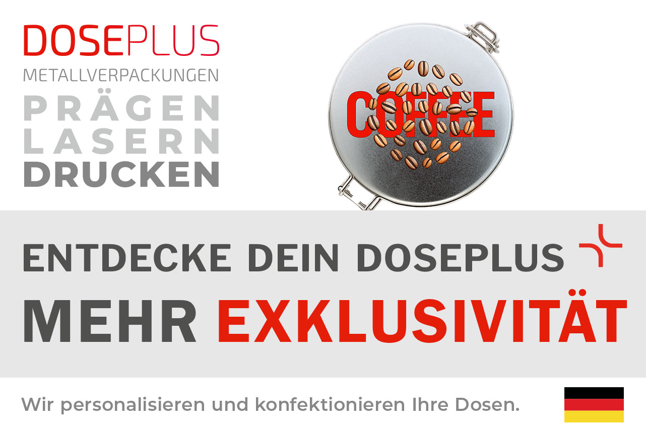 Runde Kaffeeblechdose DSA 025 – Banner: Entdecke dein Doseplus – Mehr Exklusivität. Robuste Metallverpackung zur professionellen Individualisierung und Werbeanbringung im B2B-Bereich.