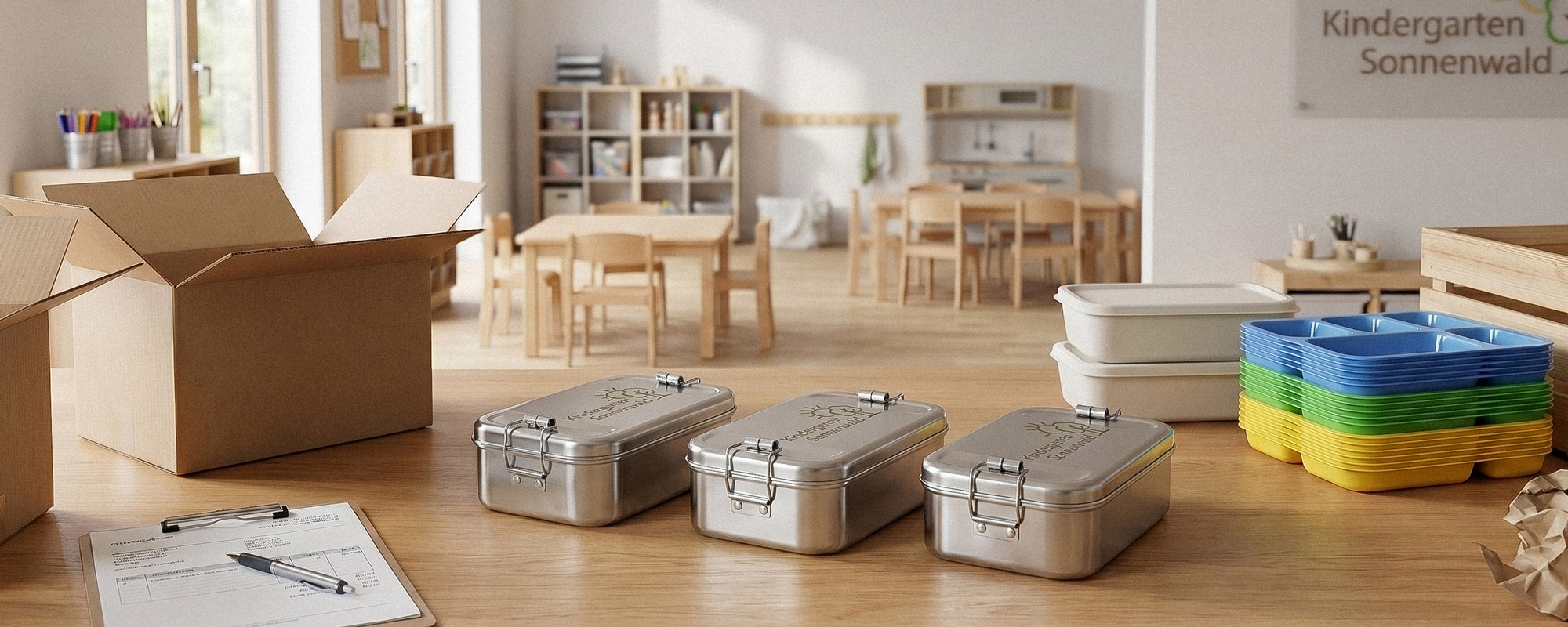 Drei Edelstahl-Lunchboxen mit Gravur „Kindergarten Sonnenwald“ auf Holztisch in einem hellen Kindergartenraum.