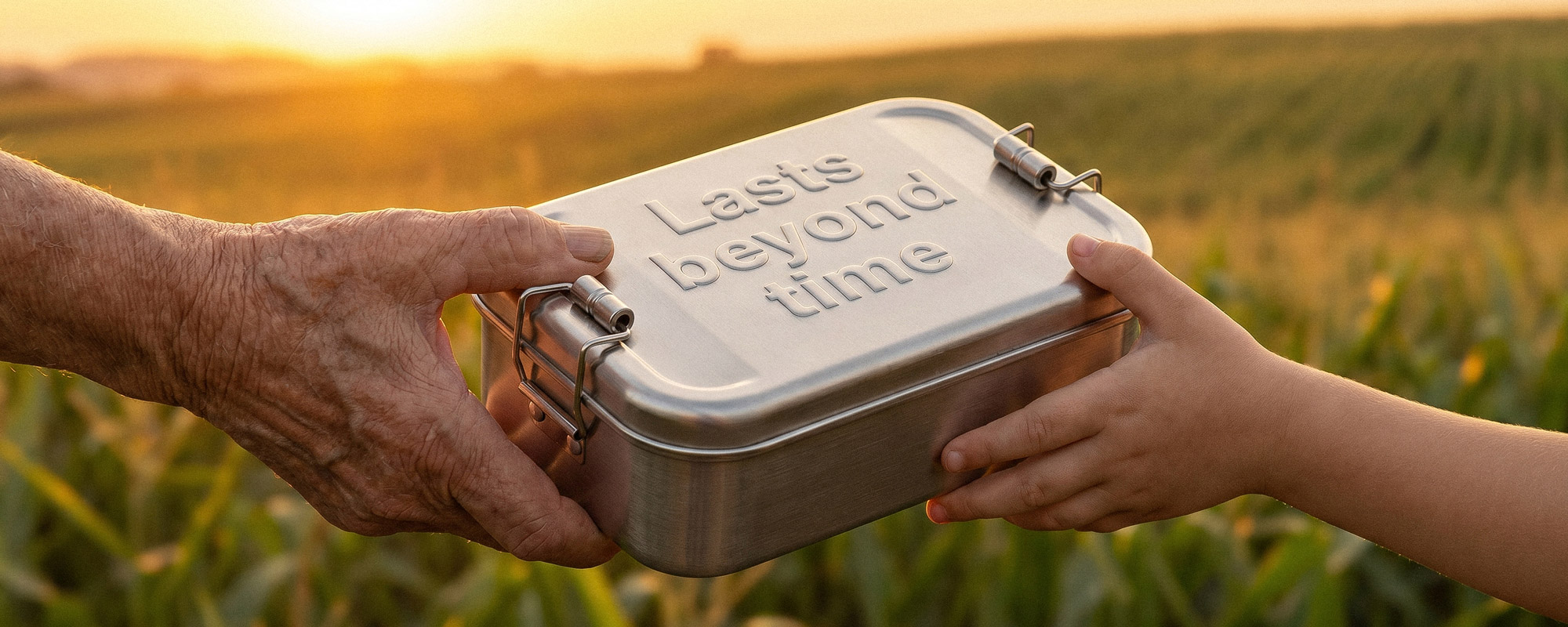 Nachhaltige Edelstahl-Lunchbox wird zwischen zwei Generationen weitergegeben; langlebige, wiederverwendbare Alternative zu Einwegverpackungen.