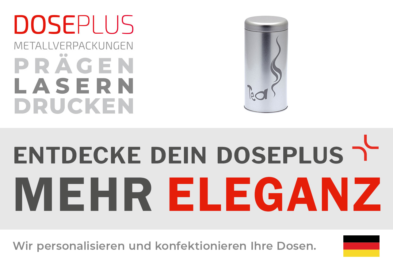 Doseplus Teedose aus Metall – Bannertext: Entdecke dein Doseplus, mehr Eleganz. Hochwertige, runde Metalldose mit edler Gravur für stilvolle Produkt- und Geschenkverpackungen.