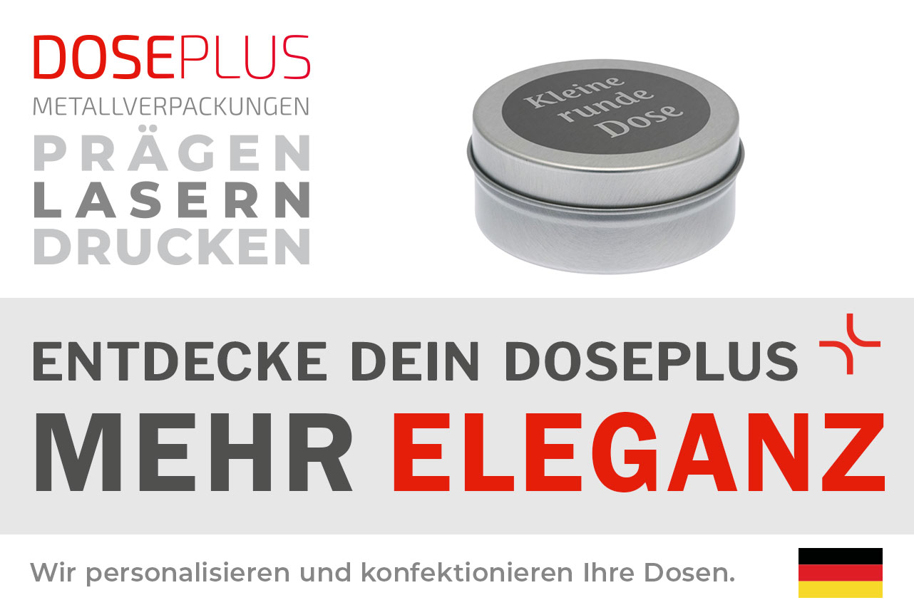 Doseplus kleine runde silberne Metalldose mit Lasergravur „Kleine runde Dose“ auf dem Deckel. Text: „Metallverpackungen prägen, lasern, drucken – Entdecke dein Doseplus, mehr Eleganz“.