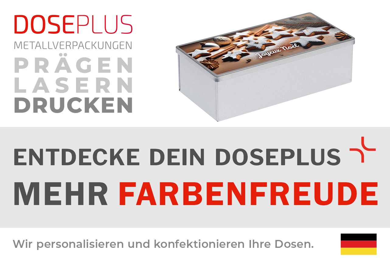 Doseplus eckige Metalldose – Bannertext: Entdecke dein Doseplus, mehr Farbenfreude. Hochwertige Blechdose mit farbigem Druck, Gravur und Prägung für kreative Verpackungslösungen.