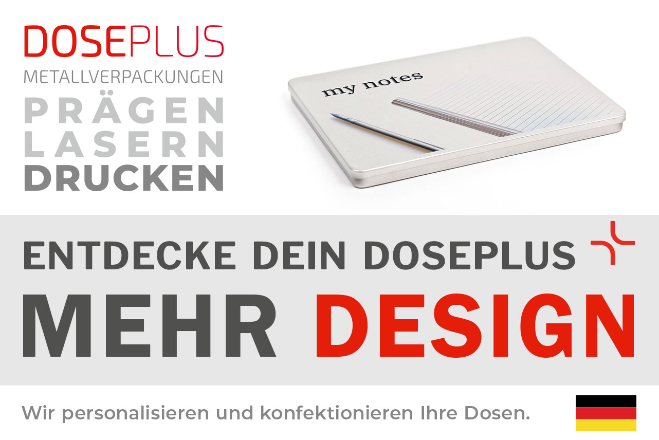 Doseplus silberne DIN-A5-Metalldose mit modernem Aufdruck eines Notizblocks, Kugelschreibers und Schriftzug „my notes“. Text: „Metallverpackungen prägen, lasern, drucken – Entdecke dein Doseplus, mehr Design“.