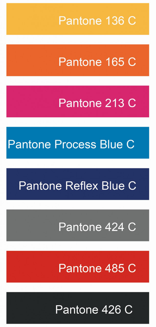 Pantone-Farbkarte mit acht Farbfeldern: Pantone 136 C (Gelb), Pantone 165 C (Orange), Pantone 213 C (Pink), Pantone Process Blue C (Hellblau), Pantone Reflex Blue C (Dunkelblau), Pantone 424 C (Grau), Pantone 485 C (Rot), Pantone 426 C (Schwarzgrau).