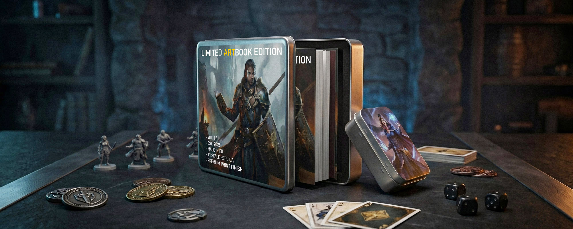 Dunkles Fantasy-Tabletop-Setup mit Spielbox, Büchern, Miniaturen, Karten, Münzen und Würfeln auf einem Holztisch; stimmungsvolle Rollenspiel-Atmosphäre.