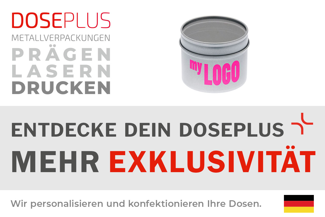 Doseplus runde Gewürzdose aus Metall mit Sichtfenster – Bannertext: Entdecke dein Doseplus, mehr Exklusivität. Hochwertige Metalldose mit Gravur oder Druck für edle Produktverpackungen.