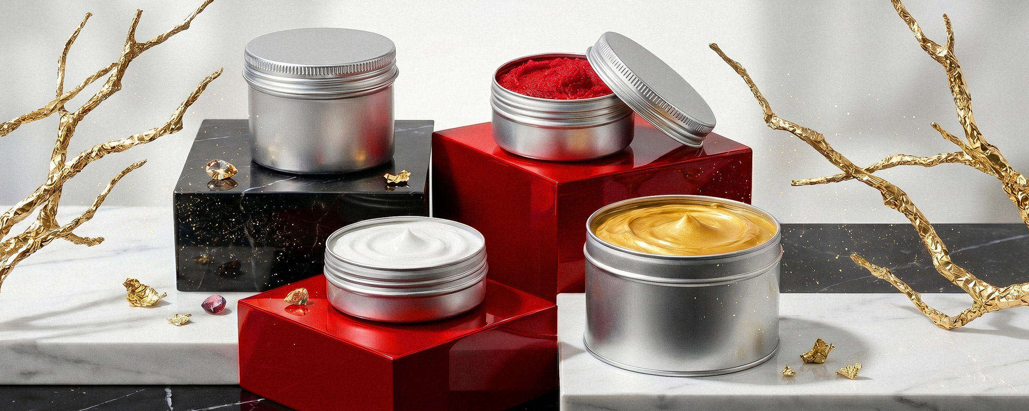 Cremedosen aus silberfarbenem Metall mit Creme, Peeling und Balsam auf Marmor- und Podestflächen; stilvolle Produktaufnahme mit goldenen Dekorationselementen.
