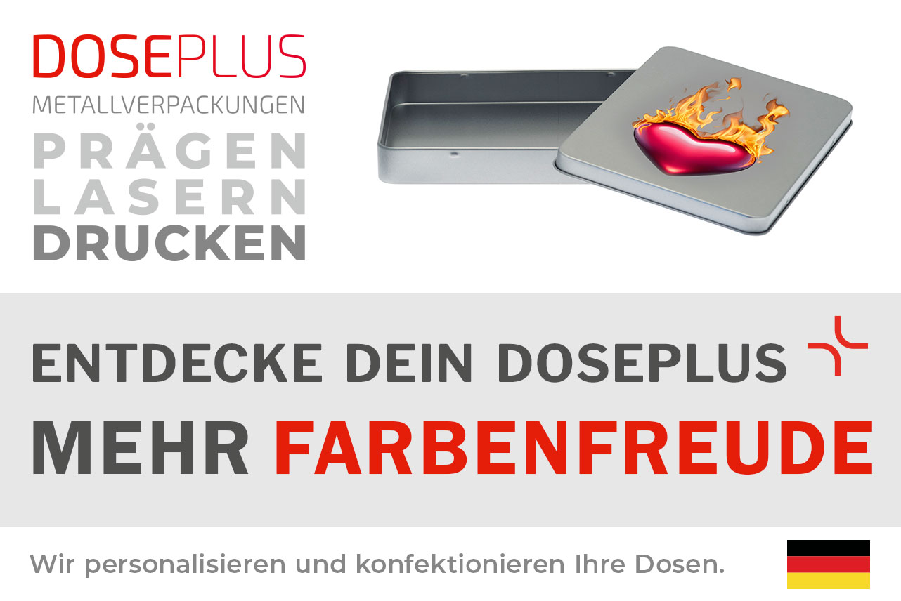 Doseplus DIN A6 Maxi Metalldose – Bannertext: Entdecke dein Doseplus, mehr Farbenfreude. Rechteckige Dose aus Metall mit Druckoption für farbenfrohes Design und Markenveredelung.