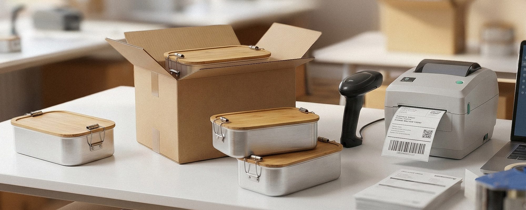 Verpackungsarbeitsplatz mit Metall-Lunchboxen mit Holzdeckeln, Versandkarton, Barcode-Scanner und Etikettendrucker; moderne Aufnahme eines Versandprozesses.