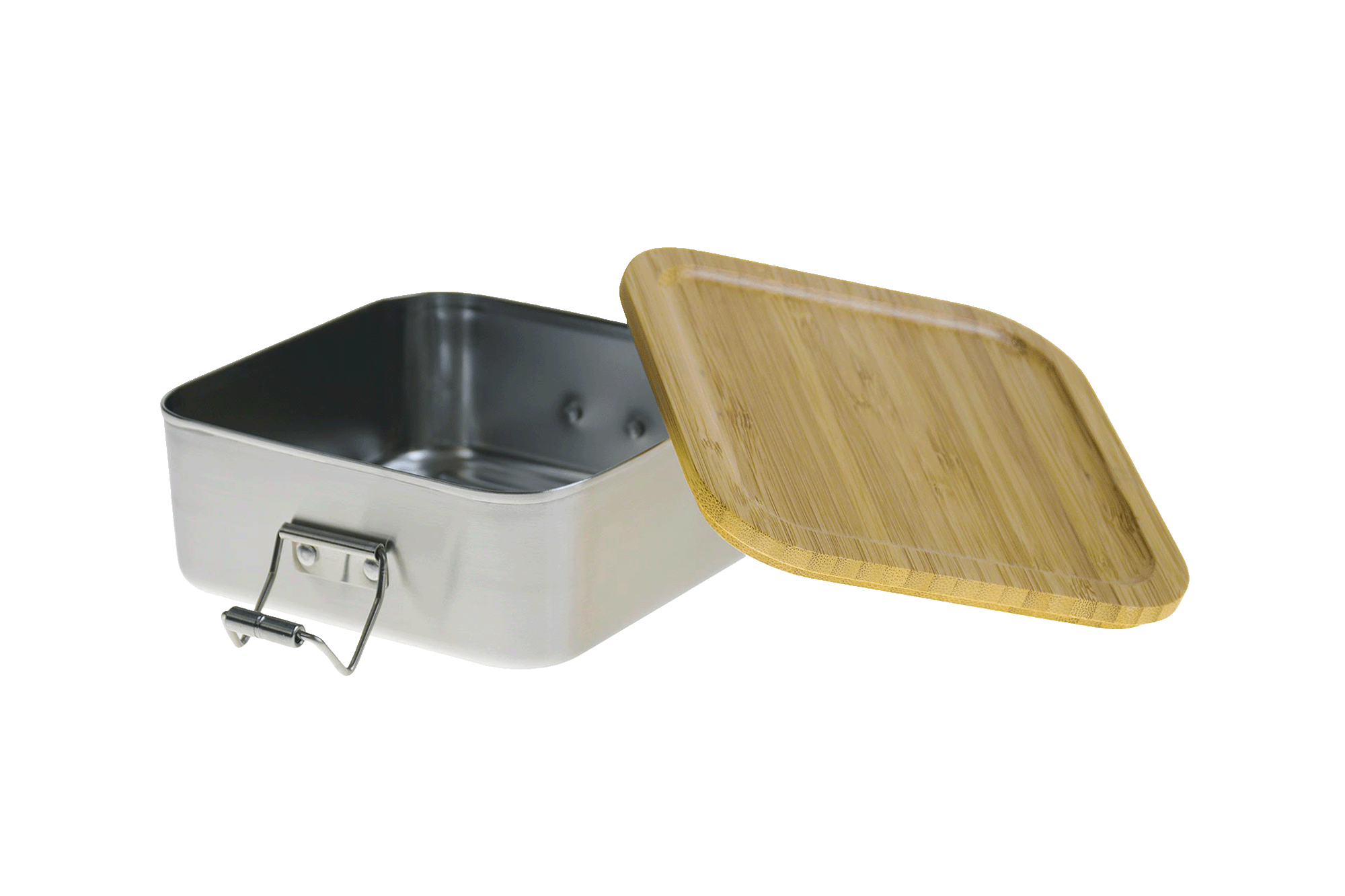 Geöffnete Edelstahl-Sandwichbox, Deckel kann als Schneidebrett verwendet werden