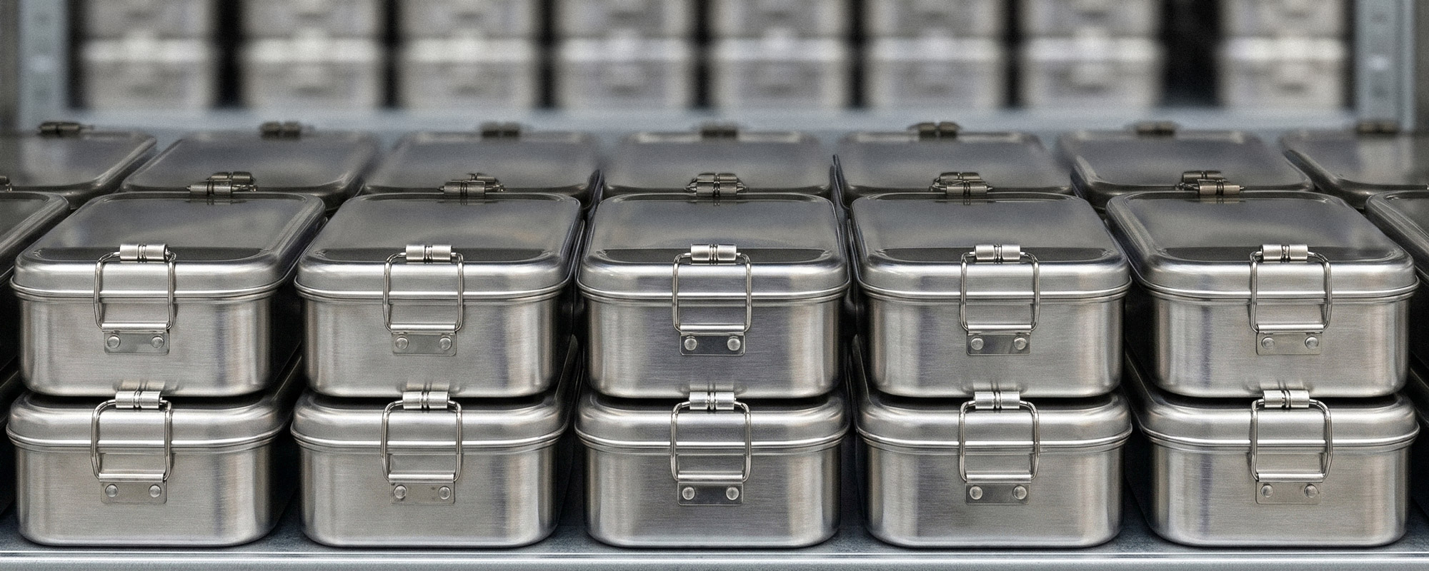Reihen gestapelter Edelstahl-Lunchboxen mit Klappverschlüssen in einem Regal, symmetrisch angeordnet.