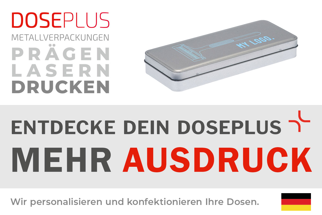 Doseplus silberne rechteckige Metalldose mit hellblauem Druck eines Rasierers und Schriftzug „MY LOGO“. Text: „Metallverpackungen prägen, lasern, drucken – Entdecke dein Doseplus, mehr Ausdruck“.