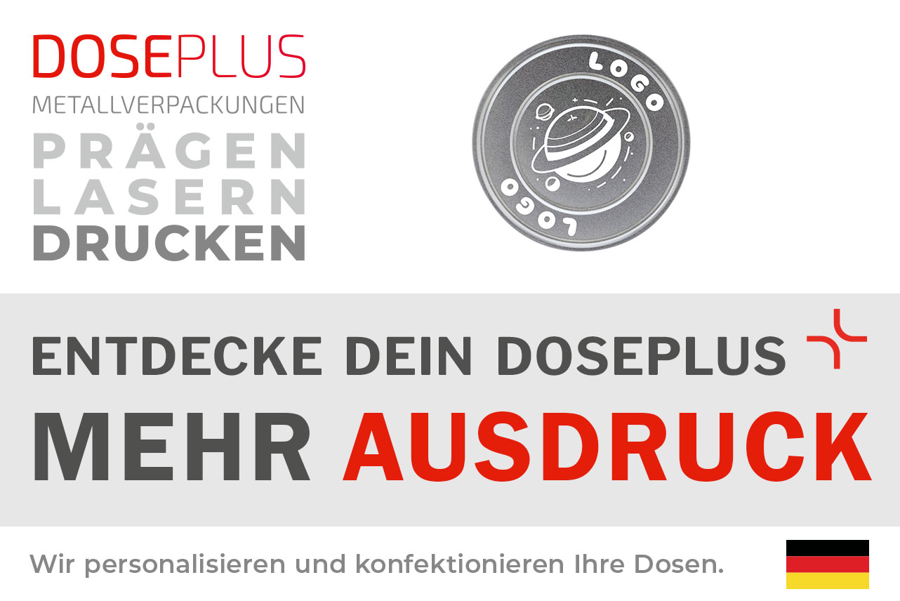 Runde Filmdose FD 005 von Doseplus – Banner: „Entdecke dein Doseplus – mehr Ausdruck“. Premium-Metalldose zur Personalisierung durch Druck, Gravur oder Prägung.