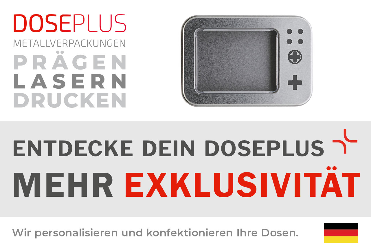 Doseplus kleine Blechdose mit Sichtfenster – Bannertext: Entdecke dein Doseplus, mehr Exklusivität. Hochwertige Metalldose mit Gravur, Prägung und Druck für individuelle Markenverpackungen.
