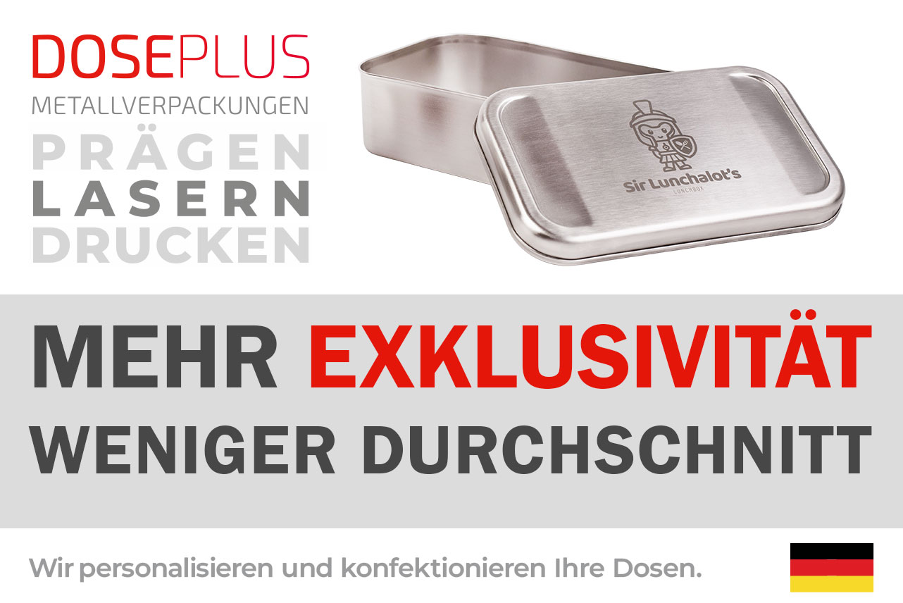 Banner für DosePlus Metallverpackungen, das personalisierte Druck-, Lasergravur- und Präge-Optionen bietet. Der Text betont 'Mehr Exklusivität, weniger Durchschnitt' mit einer Abbildung einer personalisierten Blechdose mit einem exklusiven Design