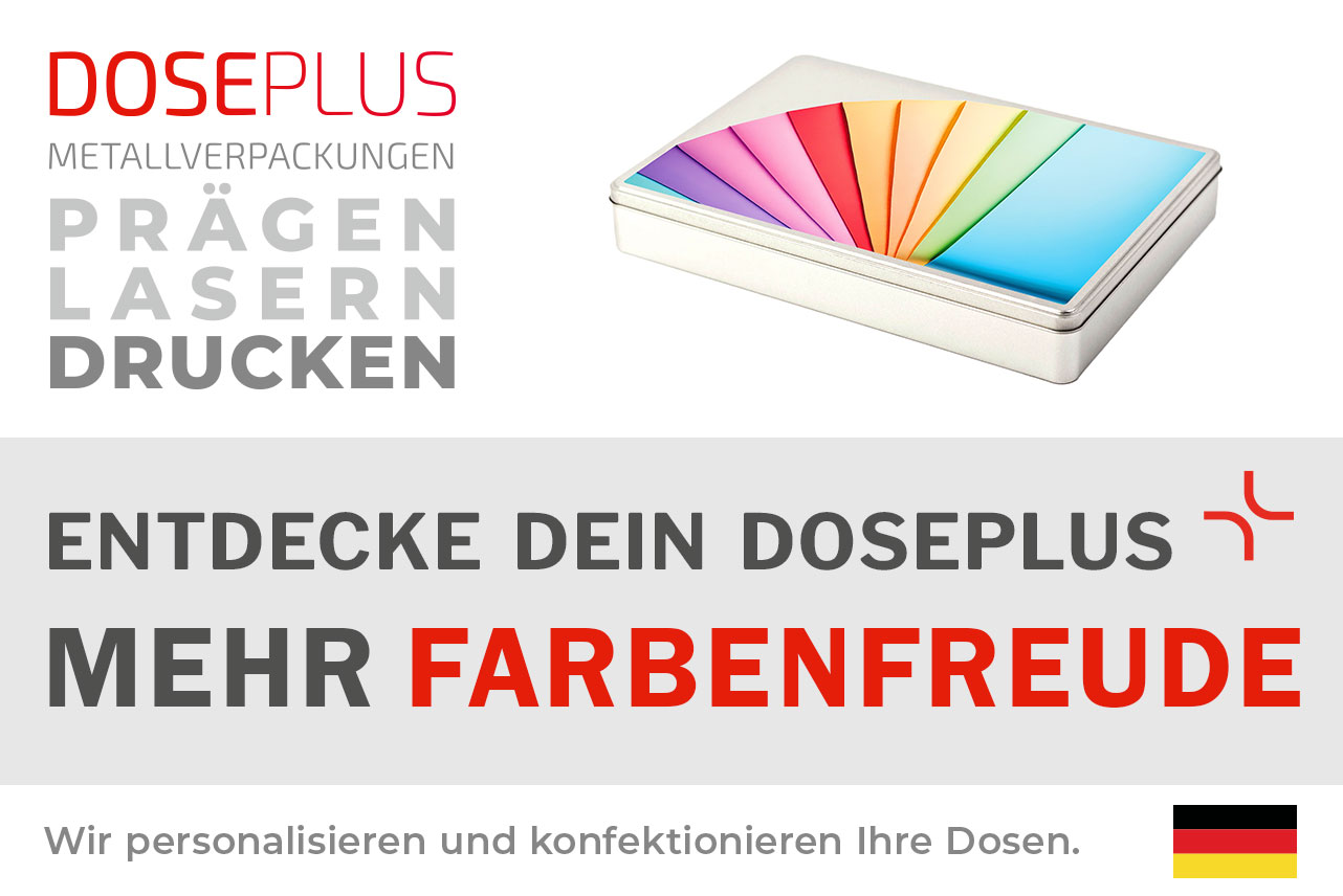 Doseplus A4 Maxi Metalldose – Bannertext: Entdecke dein Doseplus, mehr Farbenfreude. Große, silberne DIN-A4-Dose mit Druckveredelung für kreative Verpackungslösungen und farbenfrohes Branding.