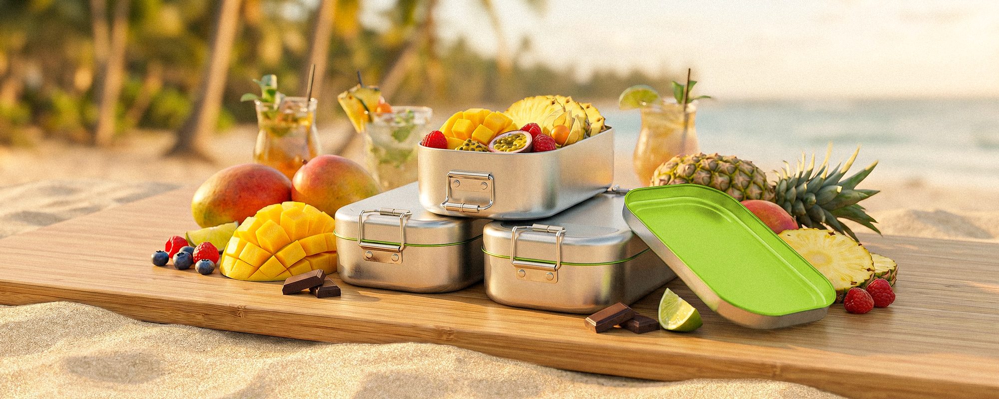 Lebensmittelechte Metall-Lunchboxen mit frischen Früchten; sichere, hygienische Aufbewahrung von Lebensmitteln unterwegs.