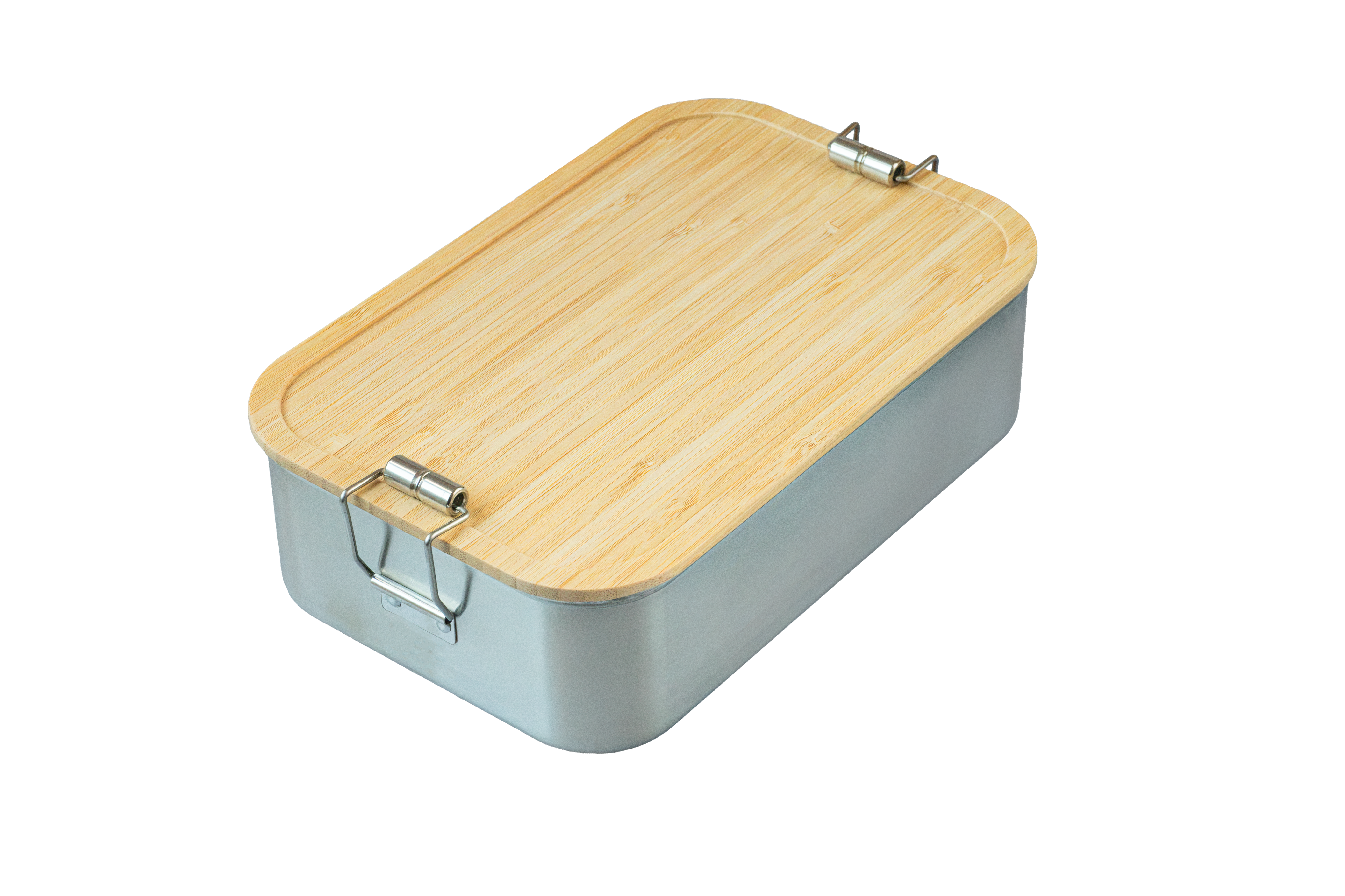 Rechteckige Lunchbox mit Buchenholzdeckel und seitlichen Metallverschlüssen.