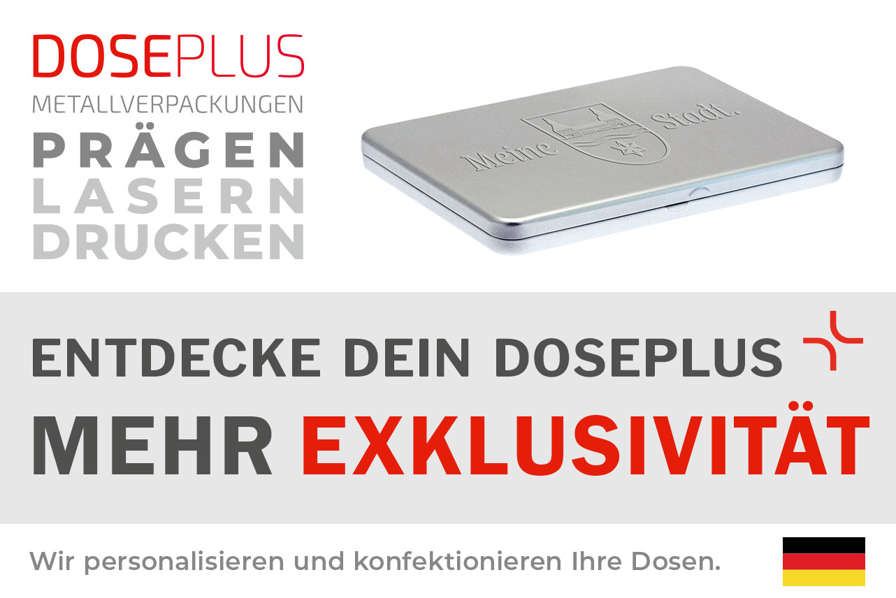 Doseplus flache silberne Metalldose mit geprägtem Wappenmotiv und Schriftzug „Meine Stadt.“ Text: „Metallverpackungen prägen, lasern, drucken – Entdecke dein Doseplus, mehr Exklusivität“.