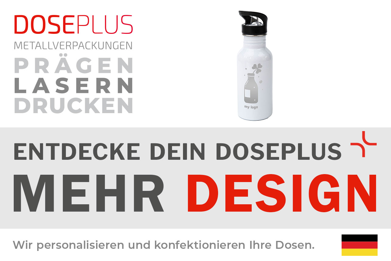 Edelstahl-Trinkflasche TFL 025 von Doseplus – Bannertext: Entdecke dein Doseplus – Mehr Design. Robuste Edelstahlflasche für Werbezwecke, geeignet für Druck, Gravur und Laser-Veredelung.