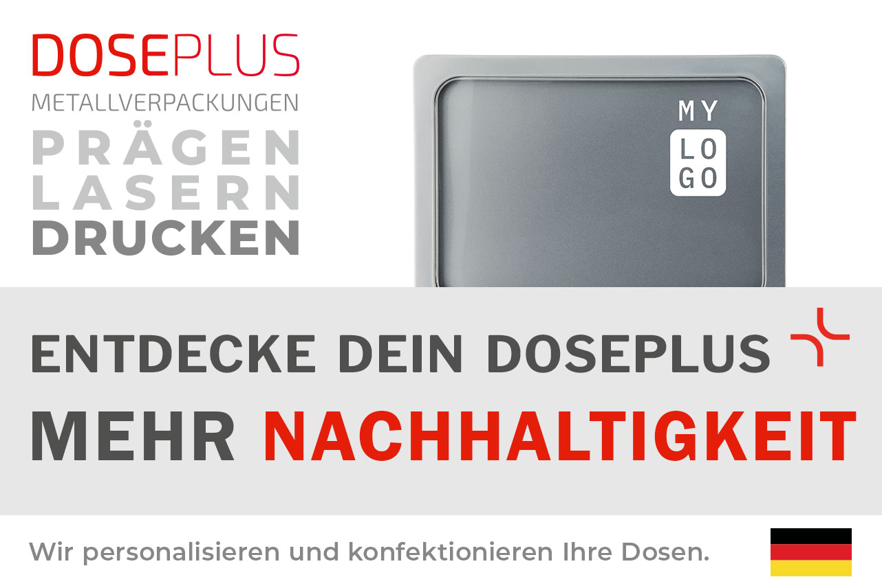 Doseplus graue rechteckige Metalldose mit schlichter Gravur „MY LOGO“. Text: „Metallverpackungen prägen, lasern, drucken – Entdecke dein Doseplus, mehr Nachhaltigkeit“.