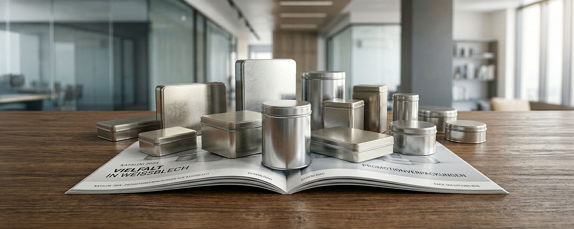 Verschiedene silberne Metalldosen in unterschiedlichen Formen und Größen auf einem geöffneten Katalog; Präsentation von Verpackungslösungen für Weißblech.