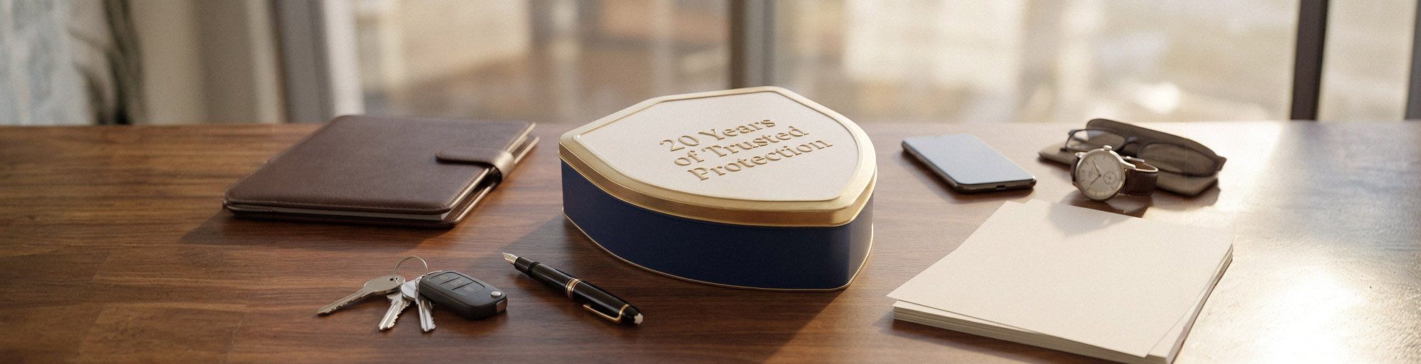 Hochwertige Geschenkbox in Schildform mit Goldschrift „20 Years Of Trusted Protection“ auf einem Schreibtisch, umgeben von Schlüssel, Stift, Uhr und Notizbuch als stilvolles Corporate-Gift-Arrangement.